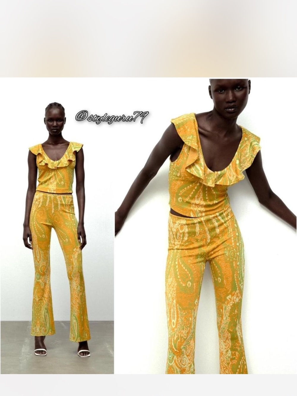 Zara Yellow Paisley Ruffle Crop Top & Flare Pants Set